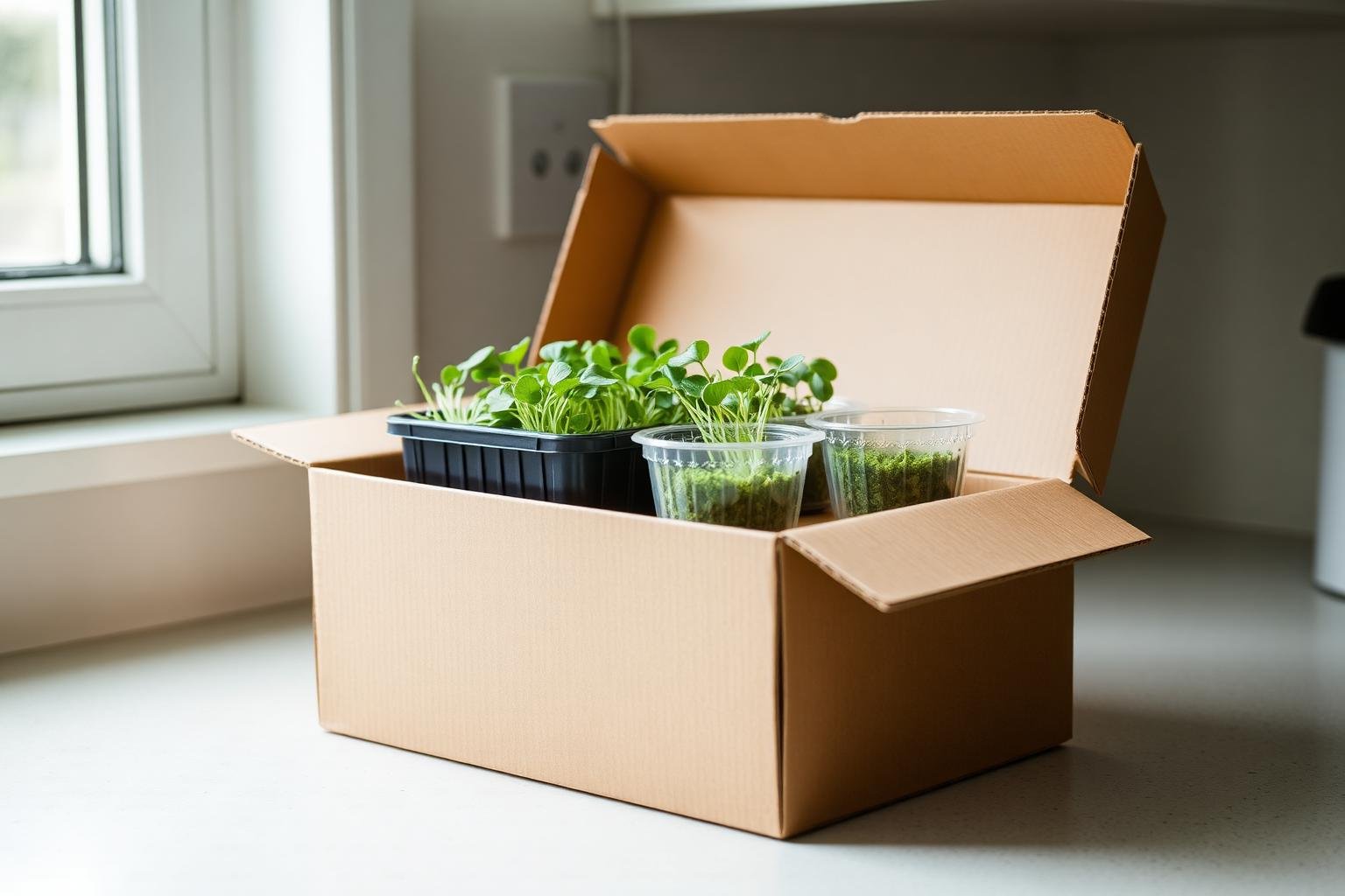A weekly greens box on a kitchen counter