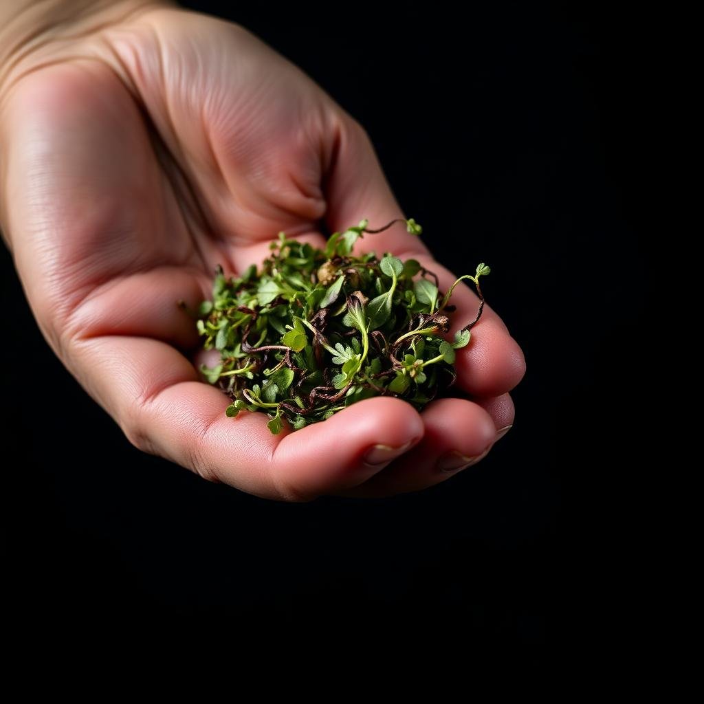 Hand holding a pinch of microgreens