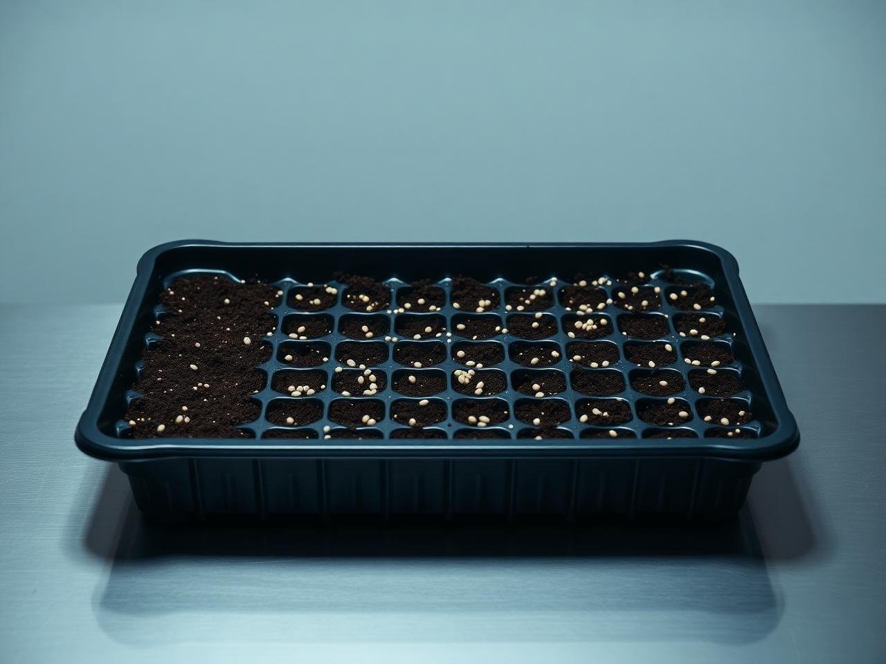 Black 10x20 seedling tray on stainless steel, dark brown soil with small pale seeds scattered evenly, nothing sprouted