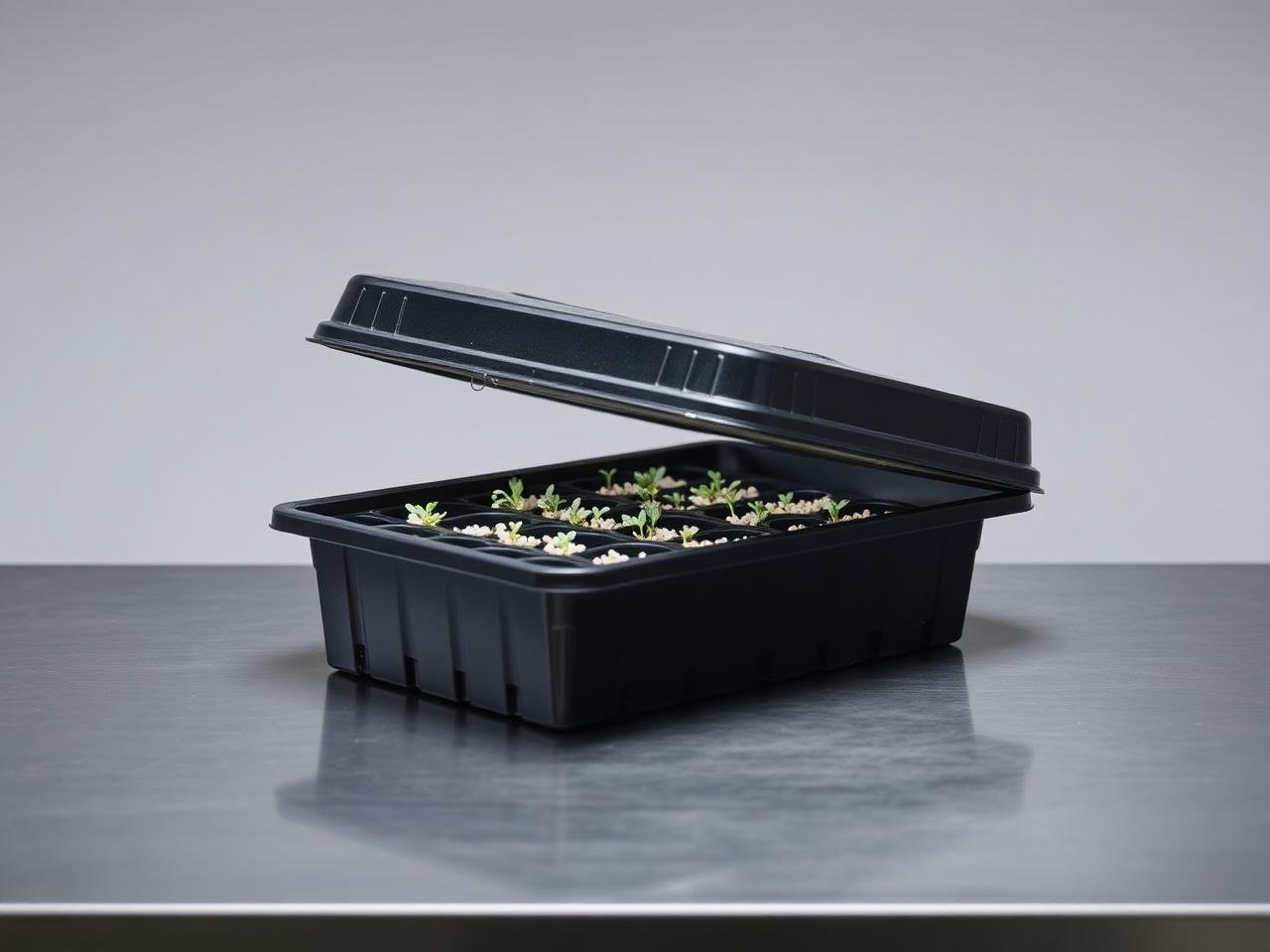 Same tray under a black plastic blackout lid lifted at one corner, pale white sprouting seeds beneath, condensation on the lid underside