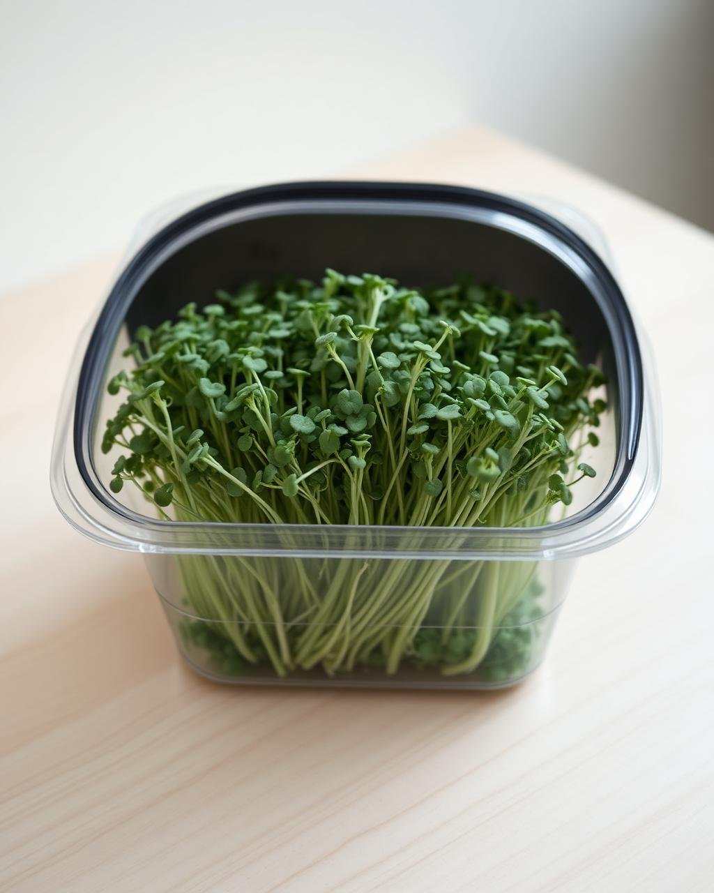 Clear clamshell of fine dense broccoli microgreens on a pale wood counter