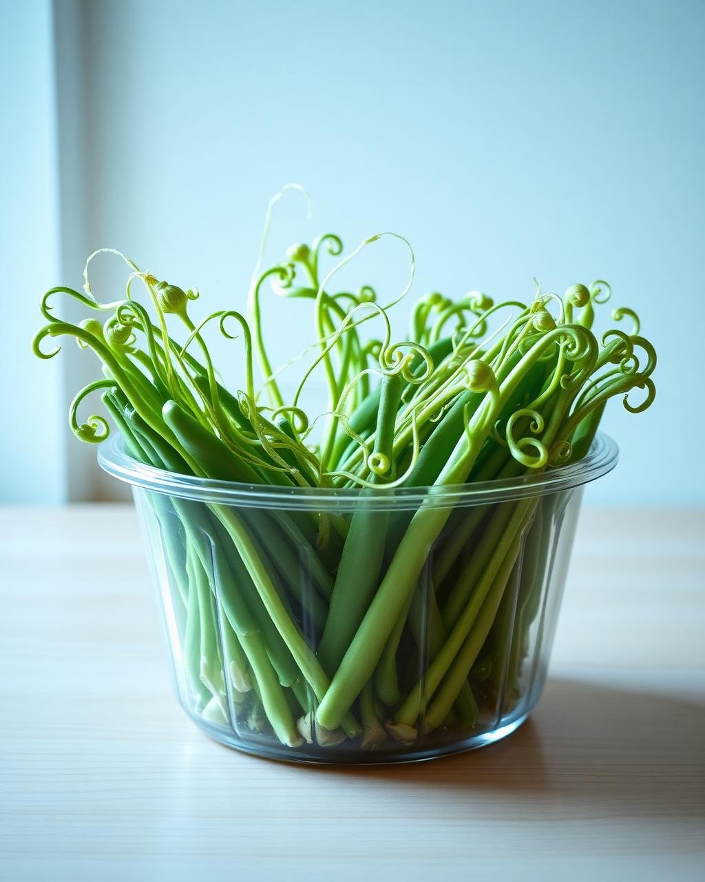 Clear clamshell filled with tall green pea shoots and tendrils on a pale wood counter