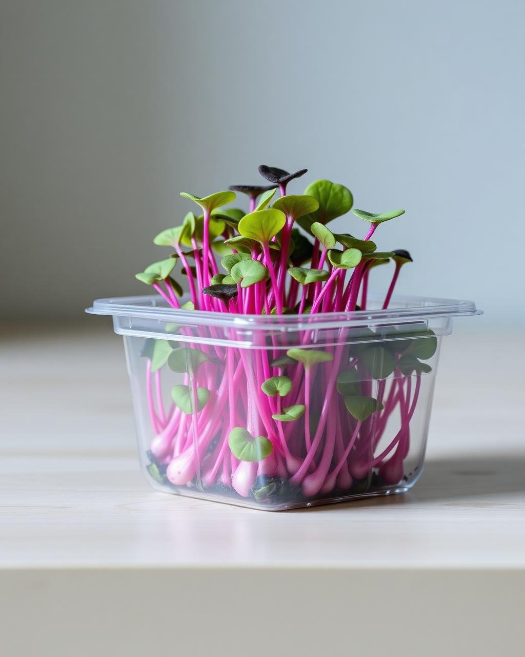 Clear clamshell of radish microgreens with visible purple stems on a pale wood counter