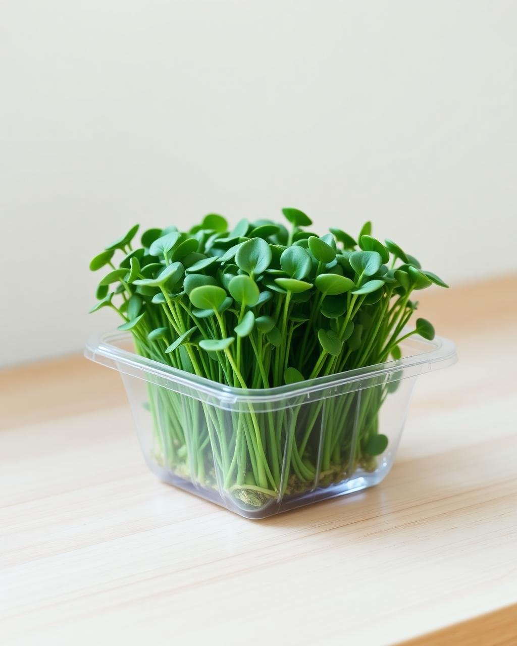 Clear plastic clamshell filled with thick green sunflower shoots on a pale wood counter