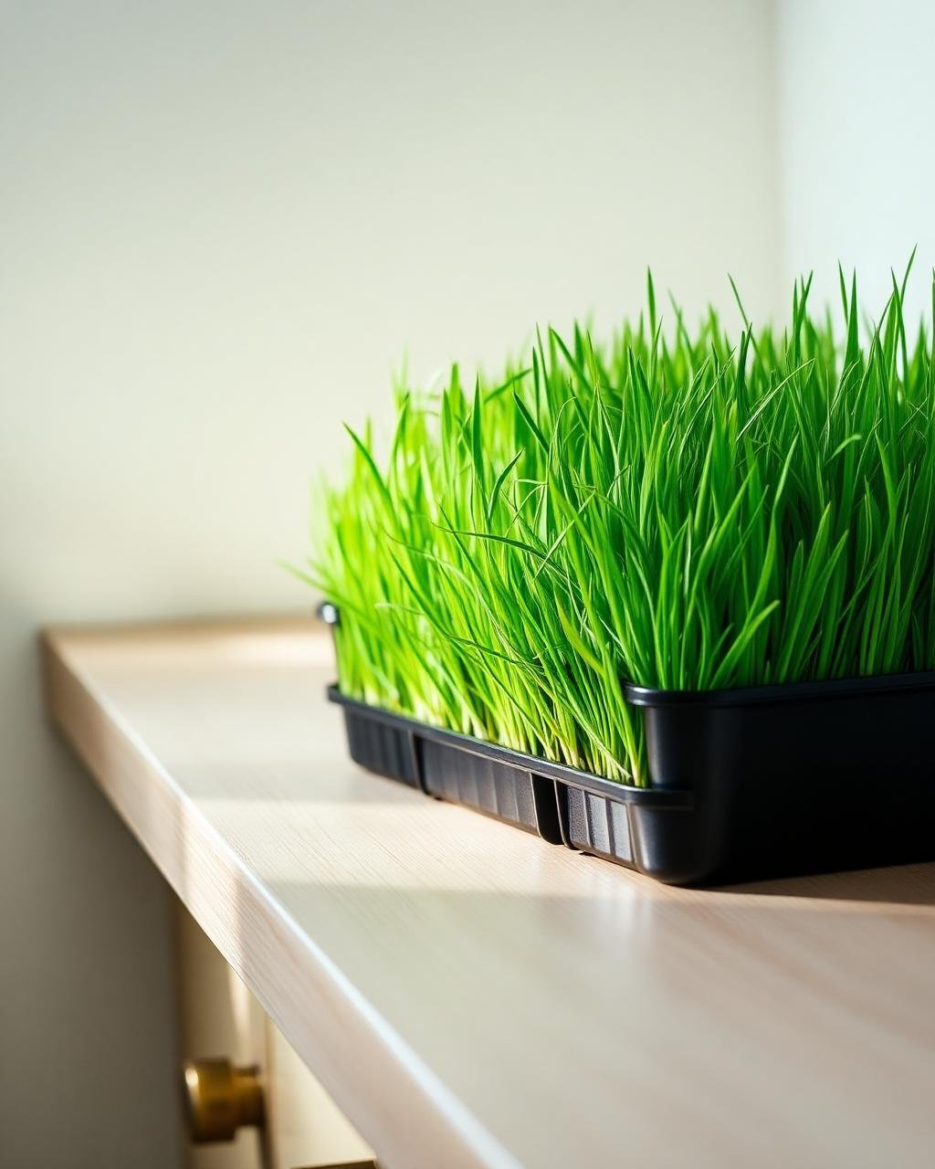 Black 10x20 tray of dense living wheatgrass on a pale wood counter