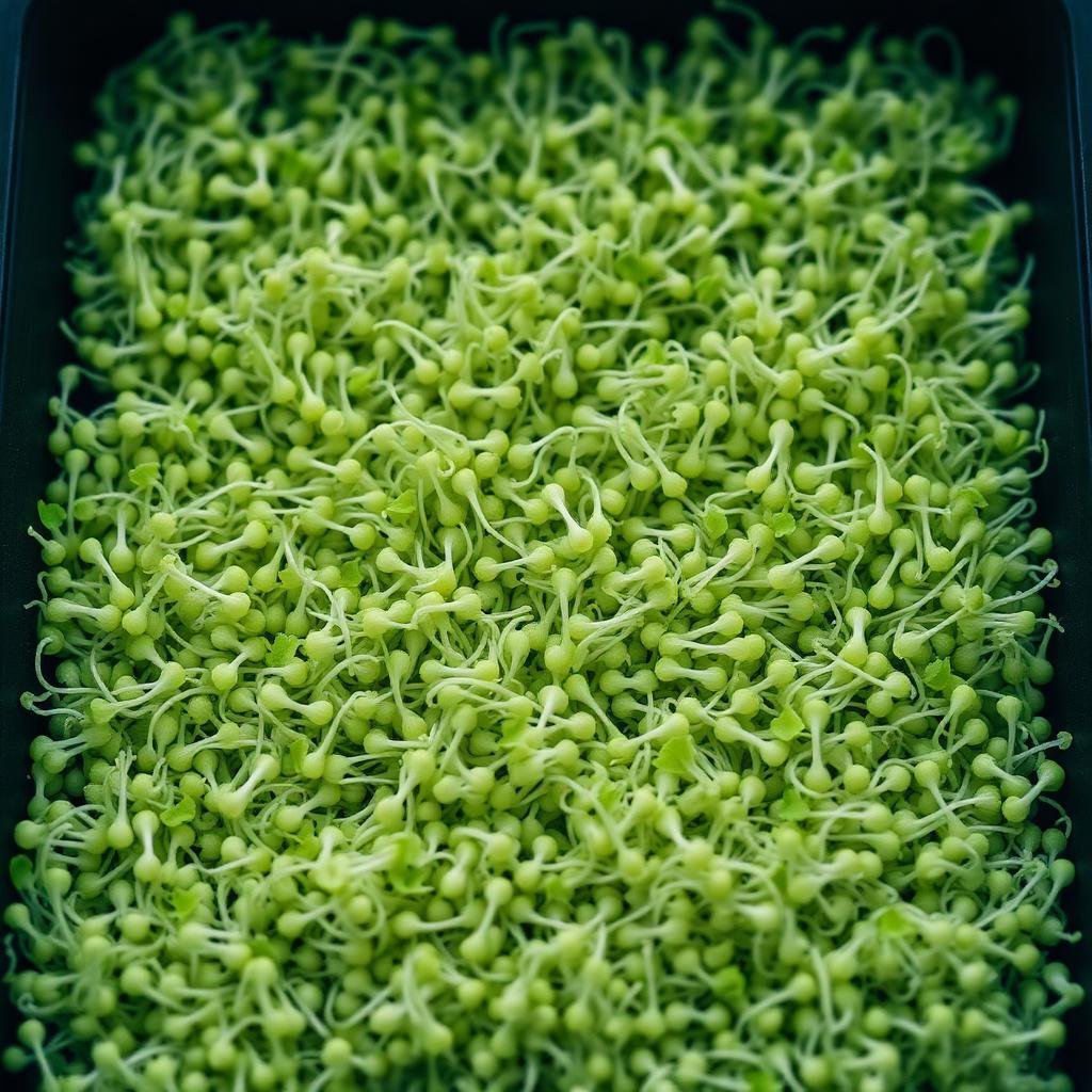Macro of alfalfa sprouts, fine pale green sprouts with tiny leaves