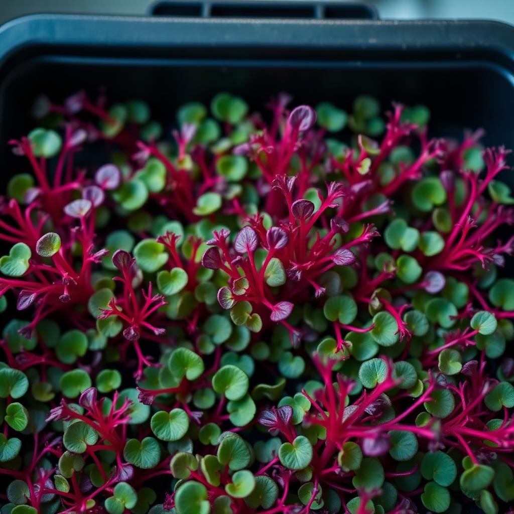 Macro of amaranth microgreens, brilliant magenta and crimson stems and leaves