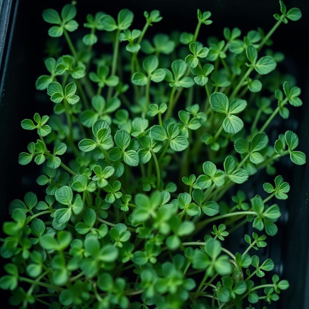 Macro of arugula microgreens, small serrated green leaves