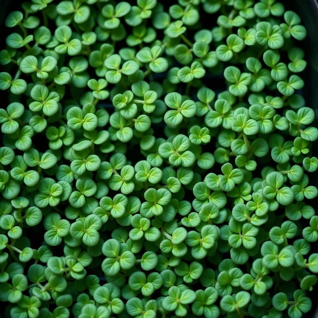 Macro of basil microgreens, small rounded aromatic green leaves