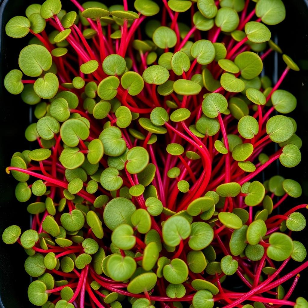Macro of beet microgreens, deep red stems with dark green leaves