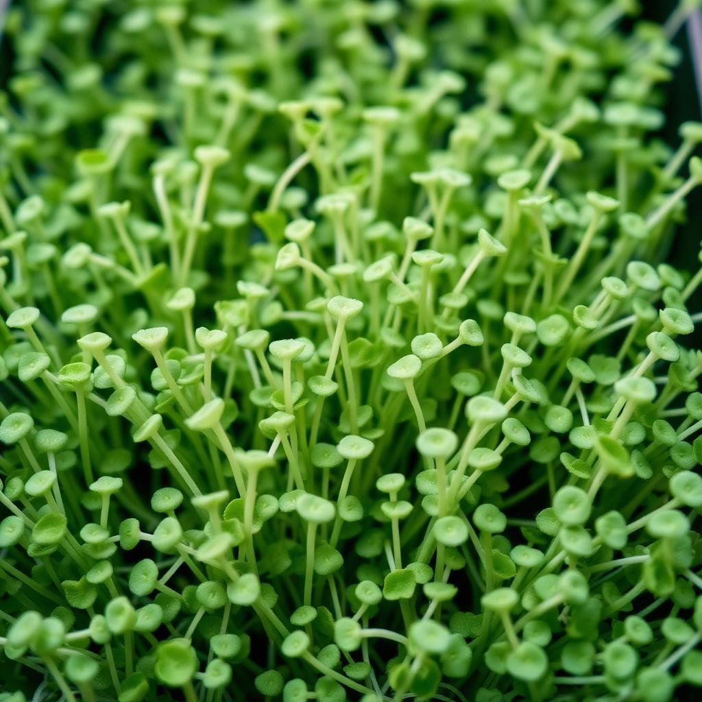 Macro of dense broccoli microgreens, fine slender pale stems with small rounded green leaves