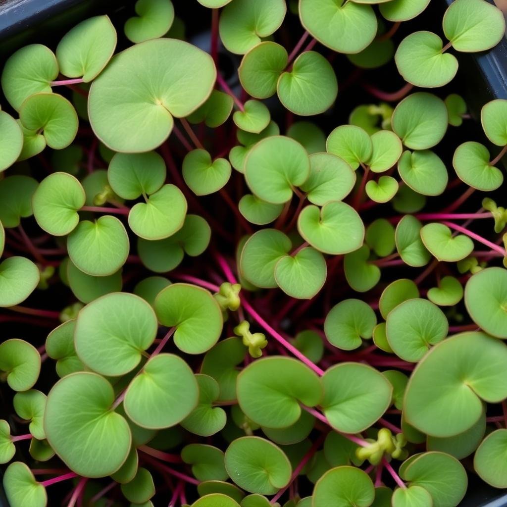 Macro of buckwheat microgreens, large heart-shaped green leaves with reddish stems