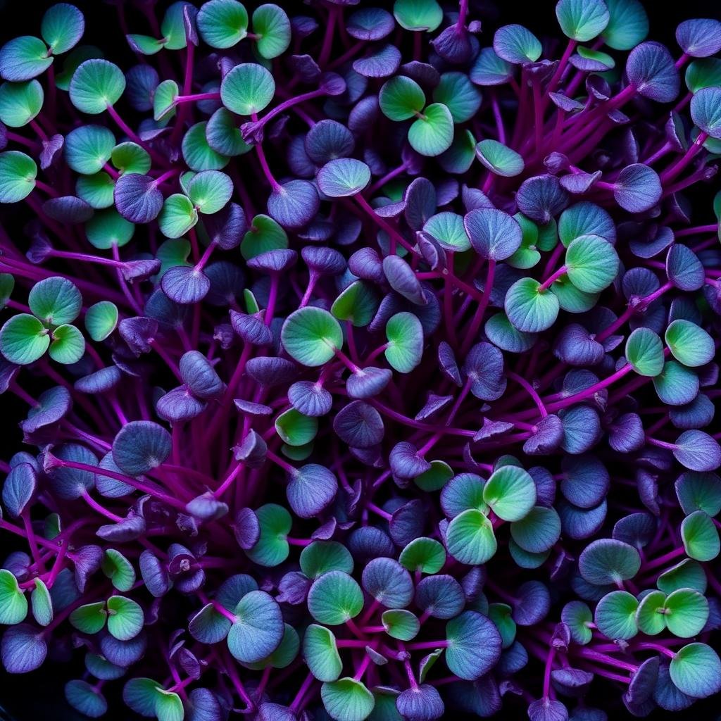 Macro of red cabbage microgreens, purple-tinged stems with green and purple leaves
