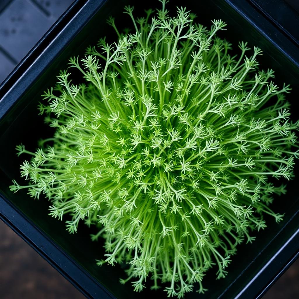Macro of celery microgreens, fine feathery pale green leaves
