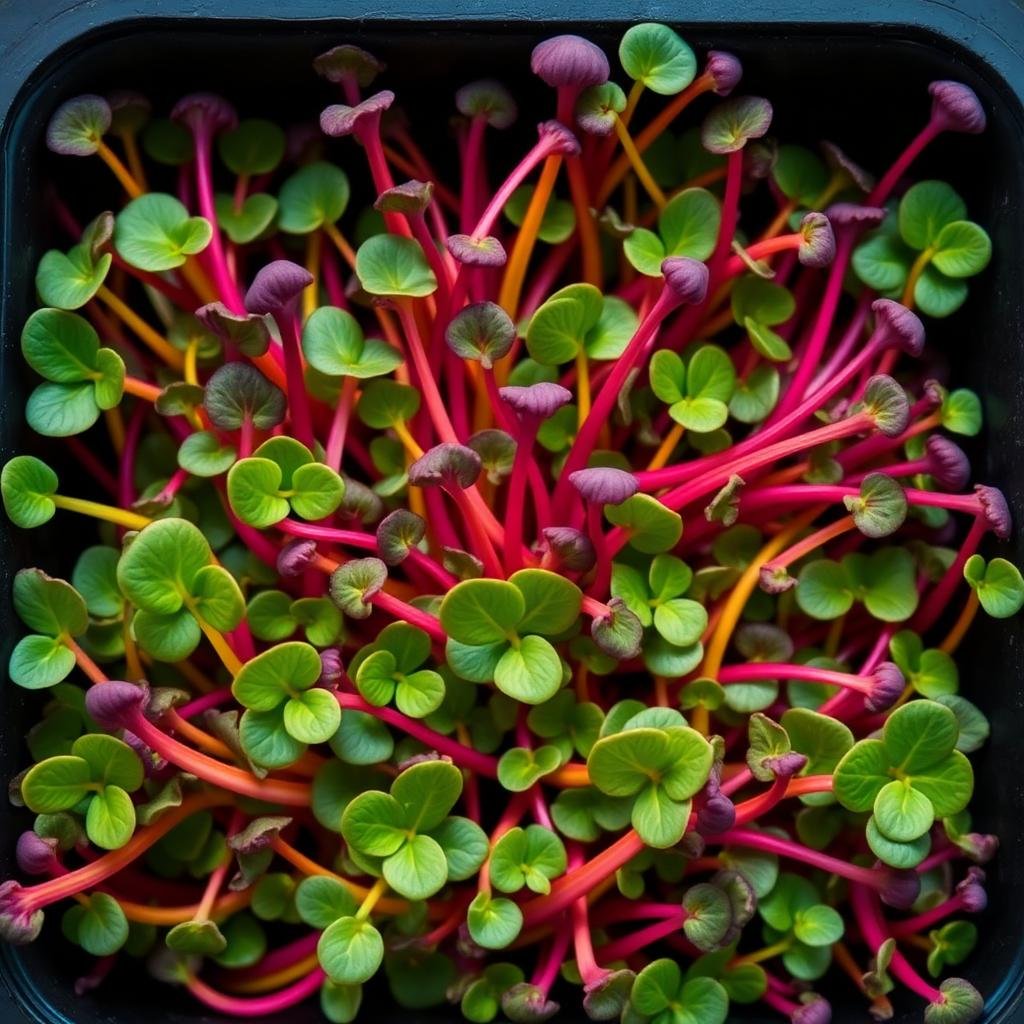 Macro of Swiss chard microgreens, mixed pink, yellow and red stems with green leaves