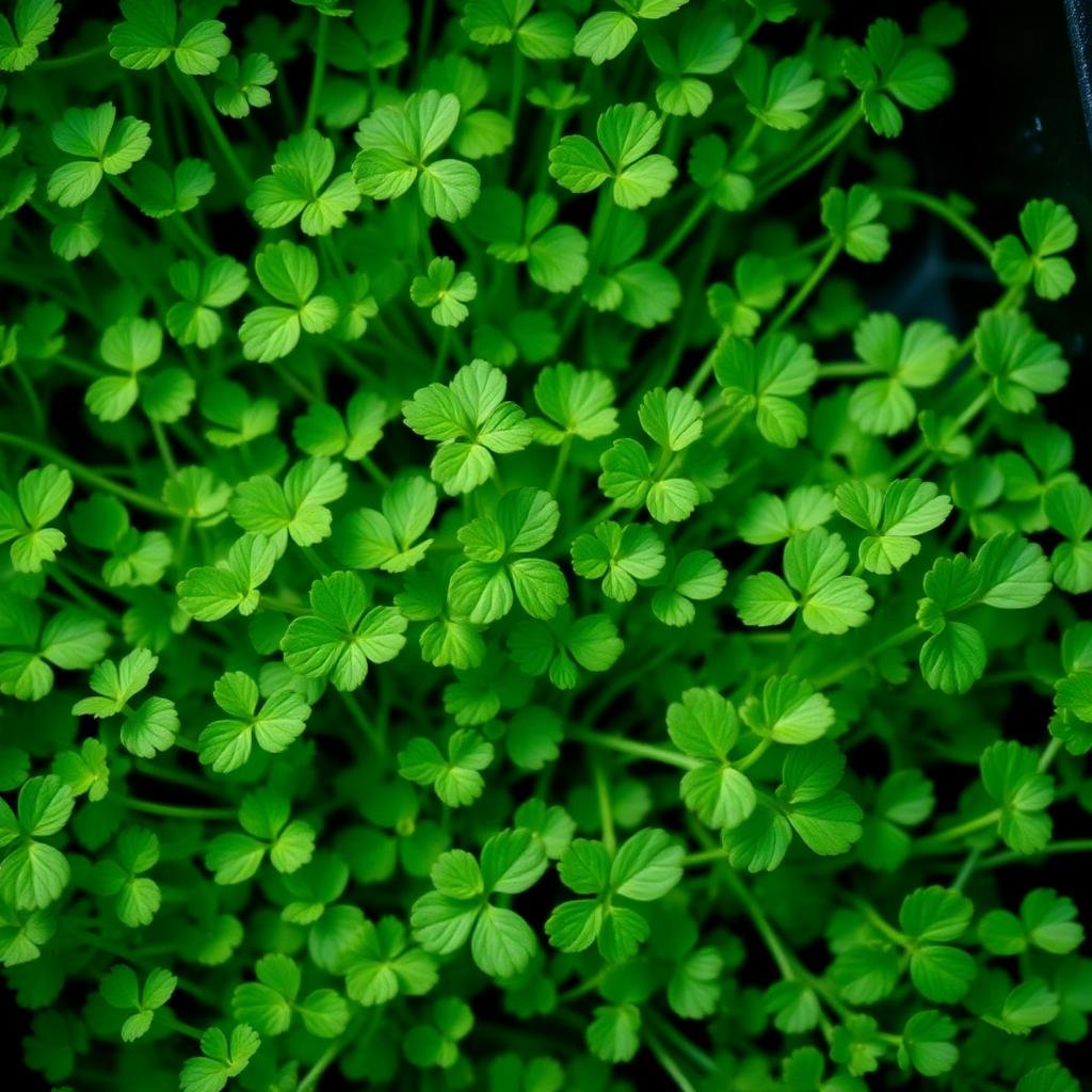Macro of cilantro microgreens, delicate lobed bright green leaves