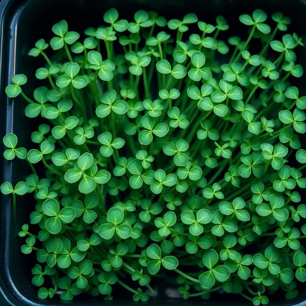Macro of clover microgreens, small three-lobed green leaves