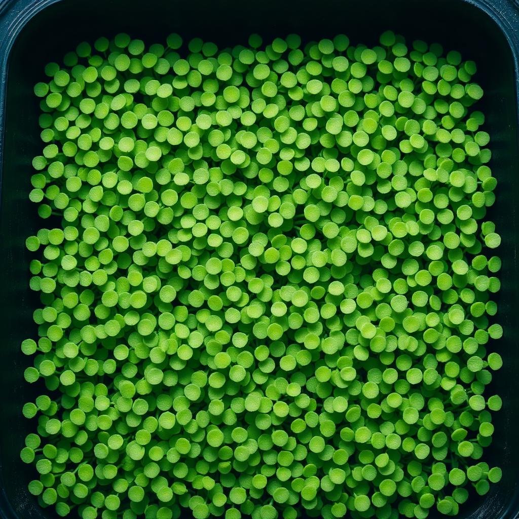 Macro of extremely dense cress microgreens, tiny bright green round leaves