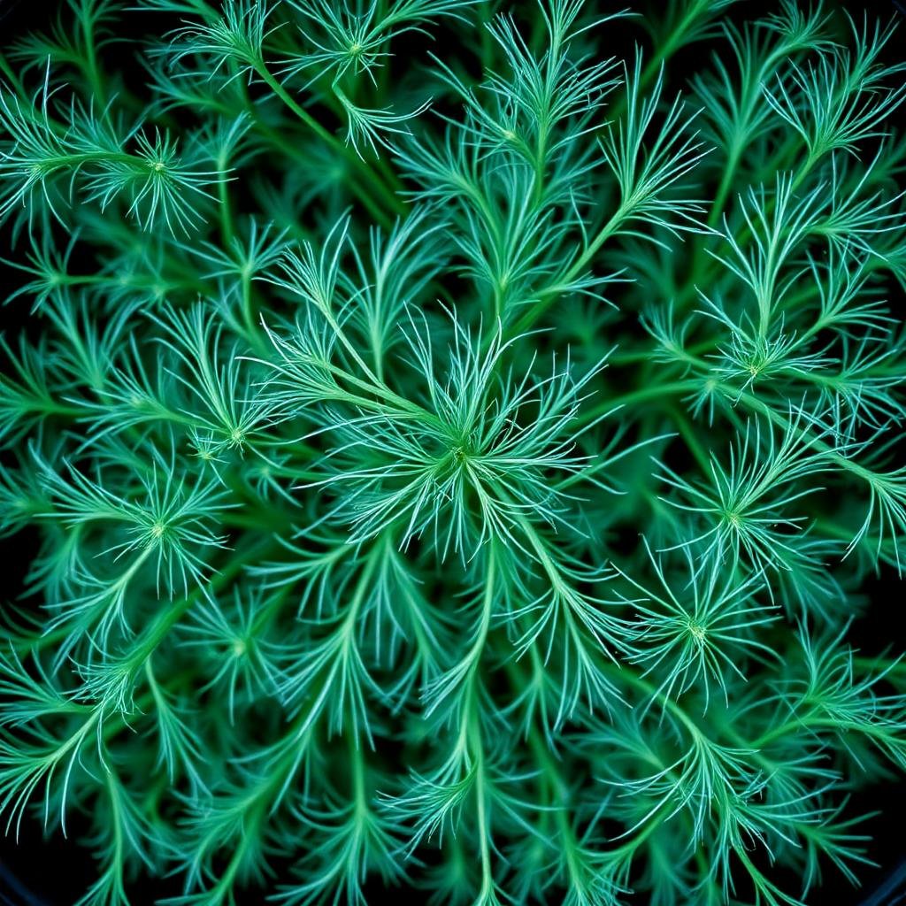 Macro of dill microgreens, wispy feathery blue-green fronds