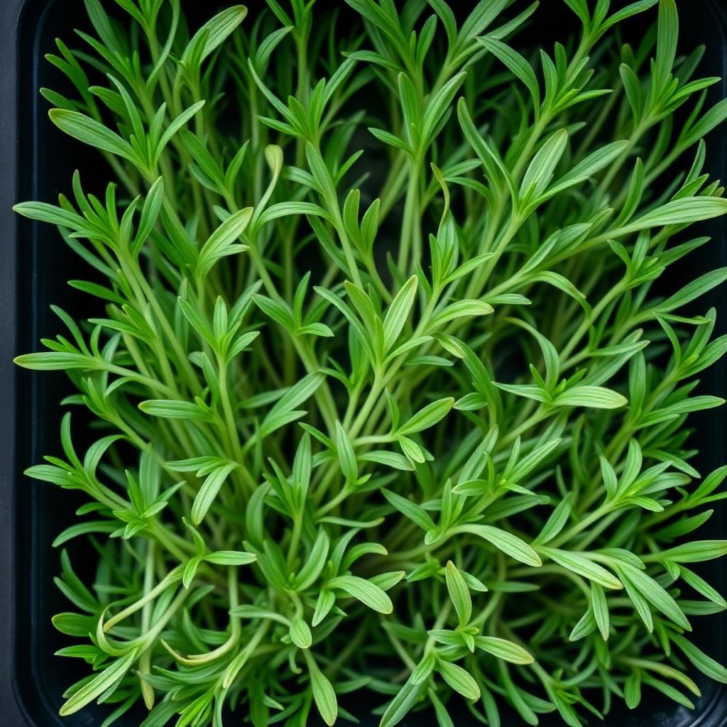 Macro of fenugreek microgreens, narrow green leaves on pale upright stems