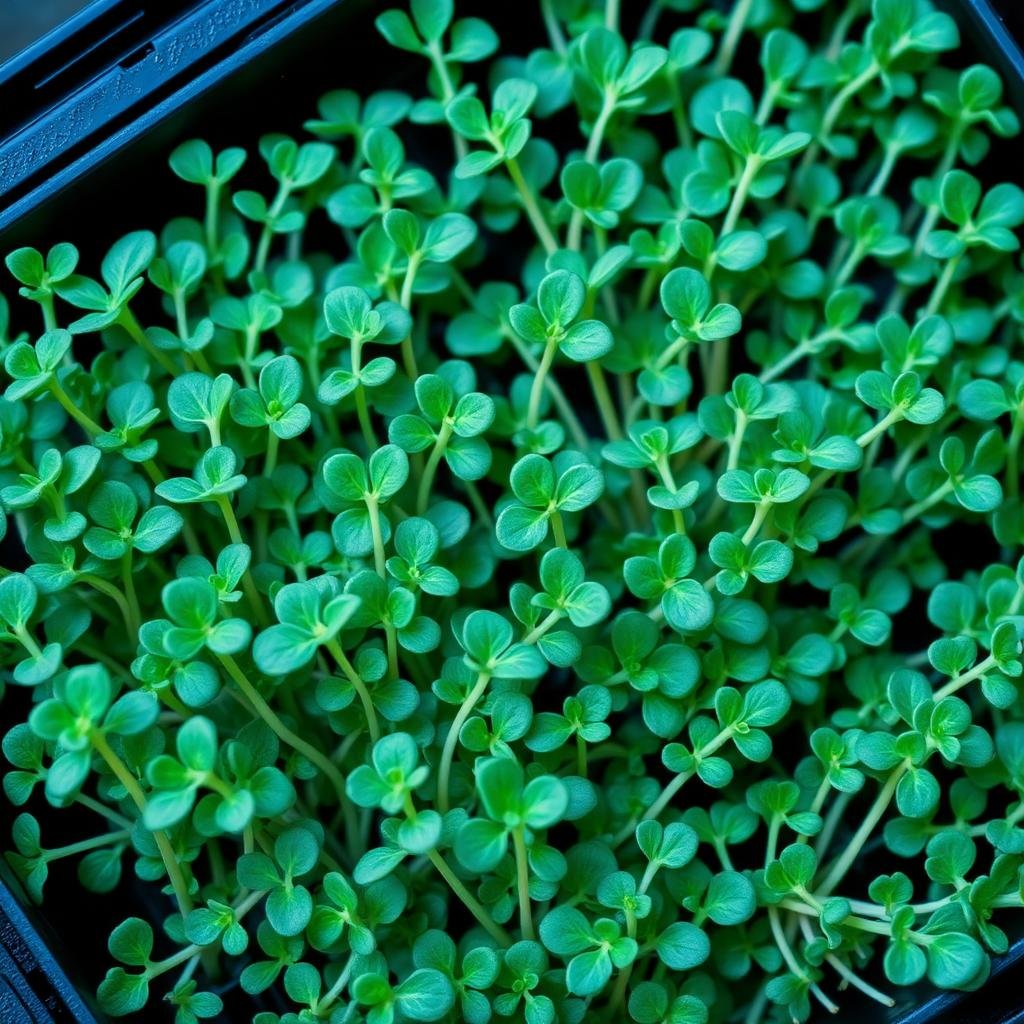 Macro of kale microgreens, small blue-green leaves on sturdy pale stems