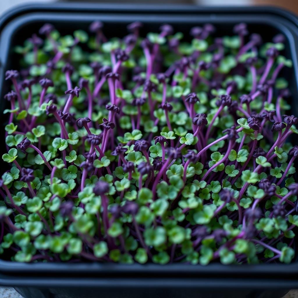 Macro of kohlrabi microgreens, purple stems with small green leaves