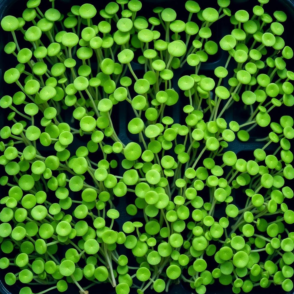 Macro of mustard microgreens, bright green rounded leaves on thin pale stems