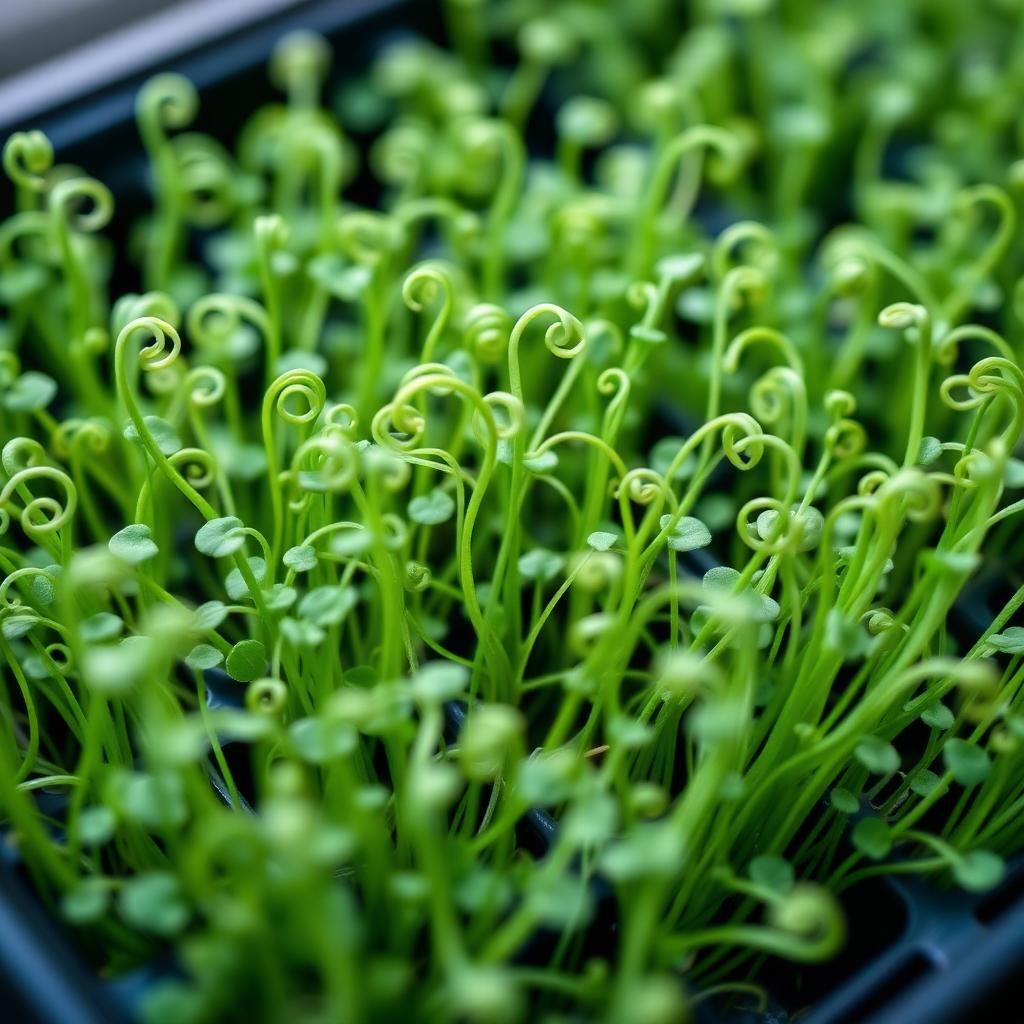 Macro of tall pea shoots with curling green tendrils