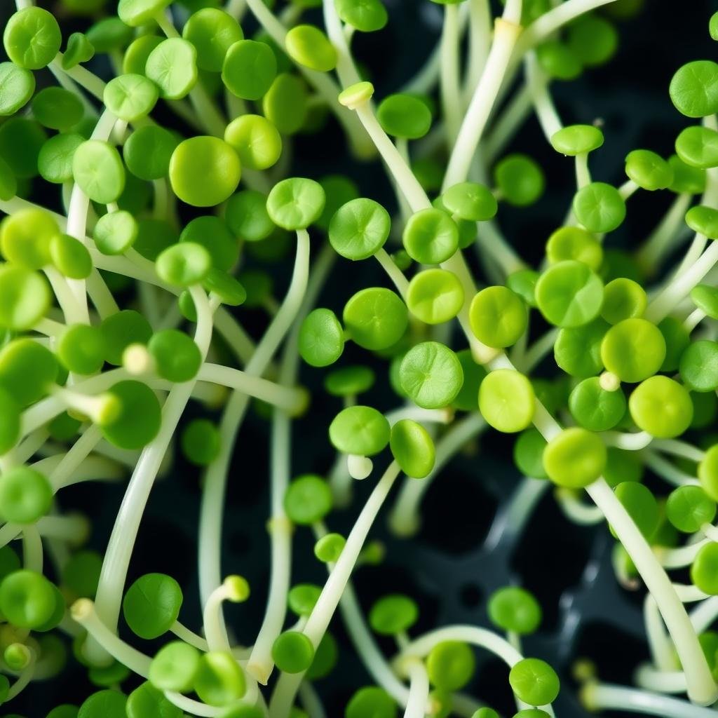 Macro of daikon radish microgreens, crisp white stems with bright green rounded leaves