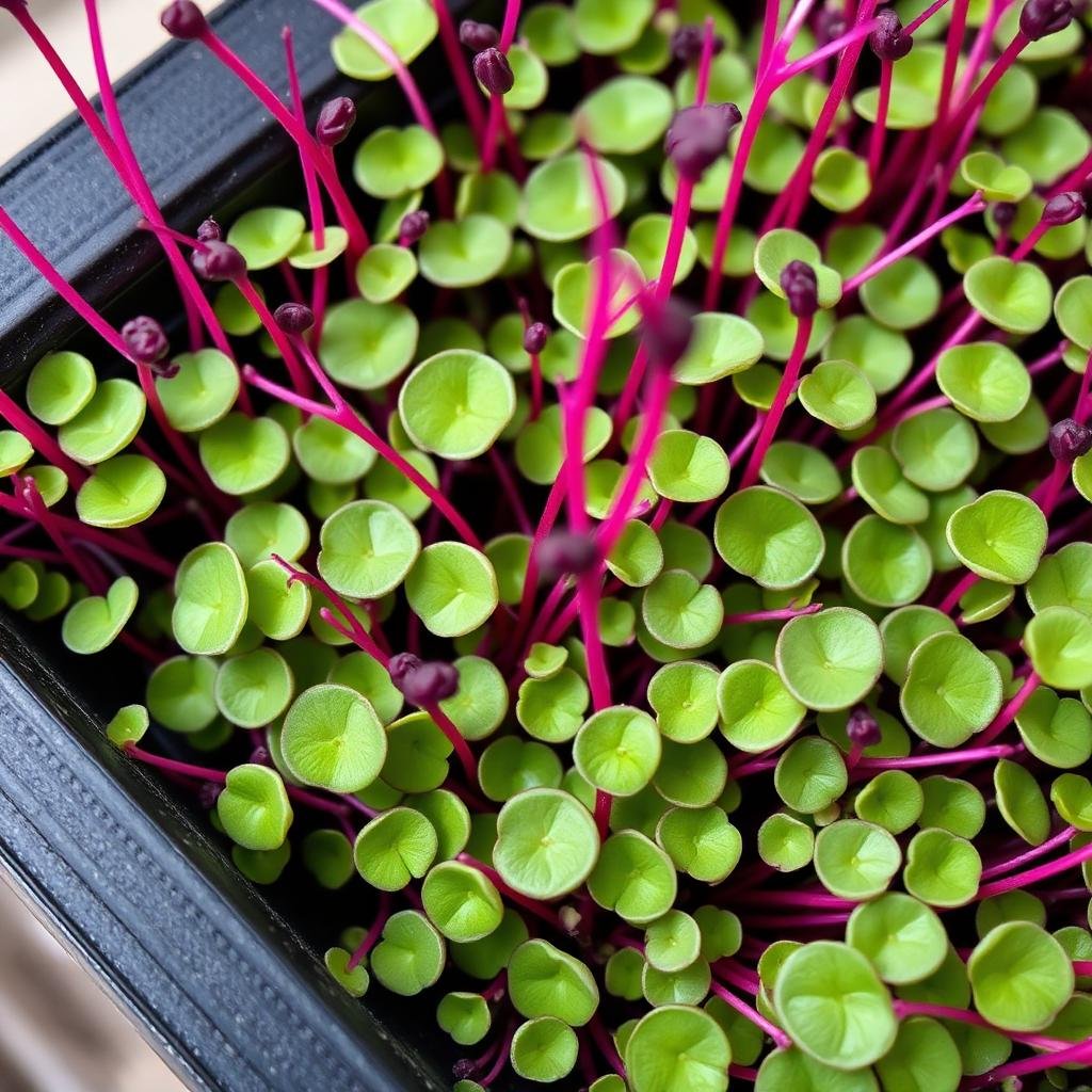 Macro of Rambo radish microgreens, vivid purple-magenta stems with green heart-shaped leaves