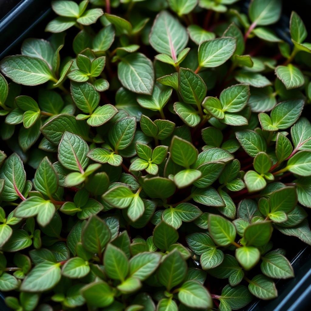 Macro of sorrel microgreens, arrow-shaped green leaves with red veining