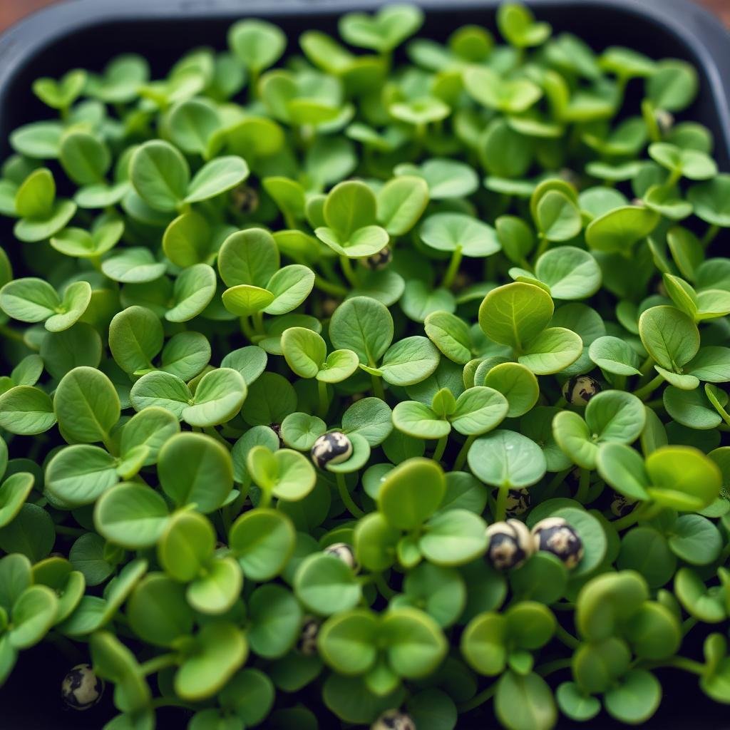 Macro of sunflower shoots, thick oval green leaves with striped seed hulls attached