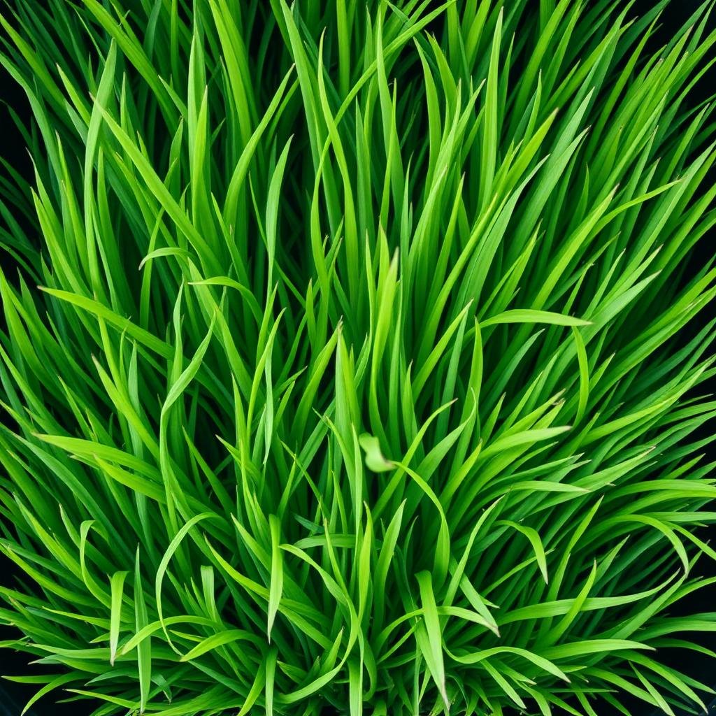 Macro of dense tall bright green wheatgrass blades